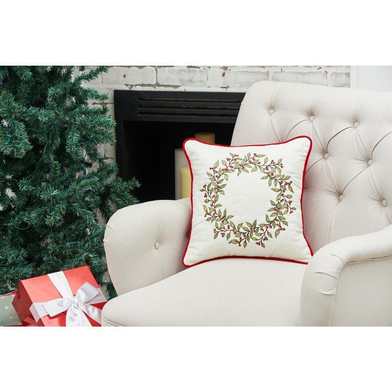 16" White Cotton Embroidered Christmas Pillow with Red Trim