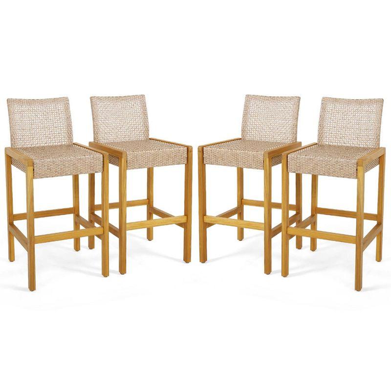 Set of 4 Light Brown PE Rattan and Acacia Wood Barstools