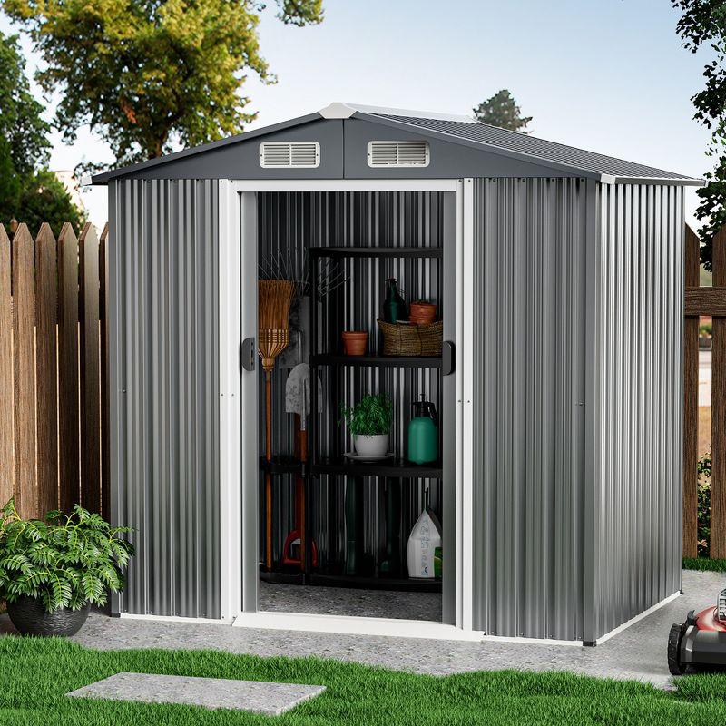 Costway 6 x 4 FT Outdoor Storage Shed Galvanized Steel Shed with Sliding Doors Wood Grain Natural/Grey