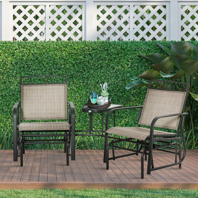 Outsunny Outdoor Glider Chairs with Coffee Table, Patio 2-Seat Rocking Chair Swing with Breathable Sling for Backyard, Garden and Porch, Brown