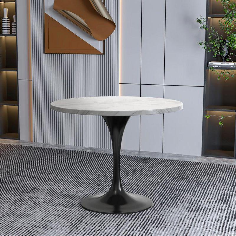 LeisureMod Verve Mid-Century Modern Table with a 36" Round Sintered Stone Tabletop and Black Steel Pedestal Base for Kitchen and Dining Room