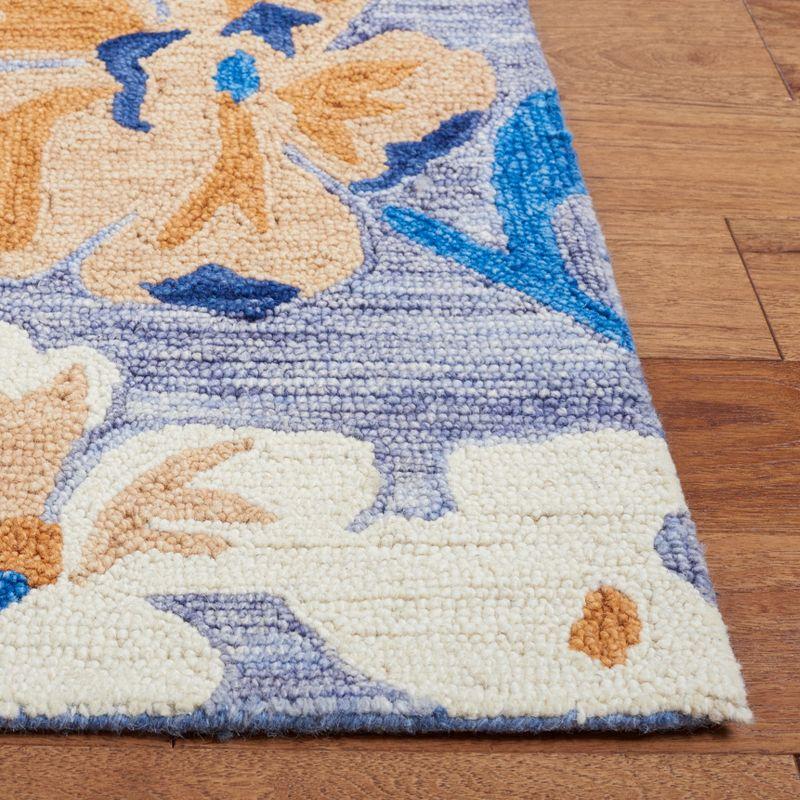 Ivory and Blue Floral Handmade Wool Square Rug