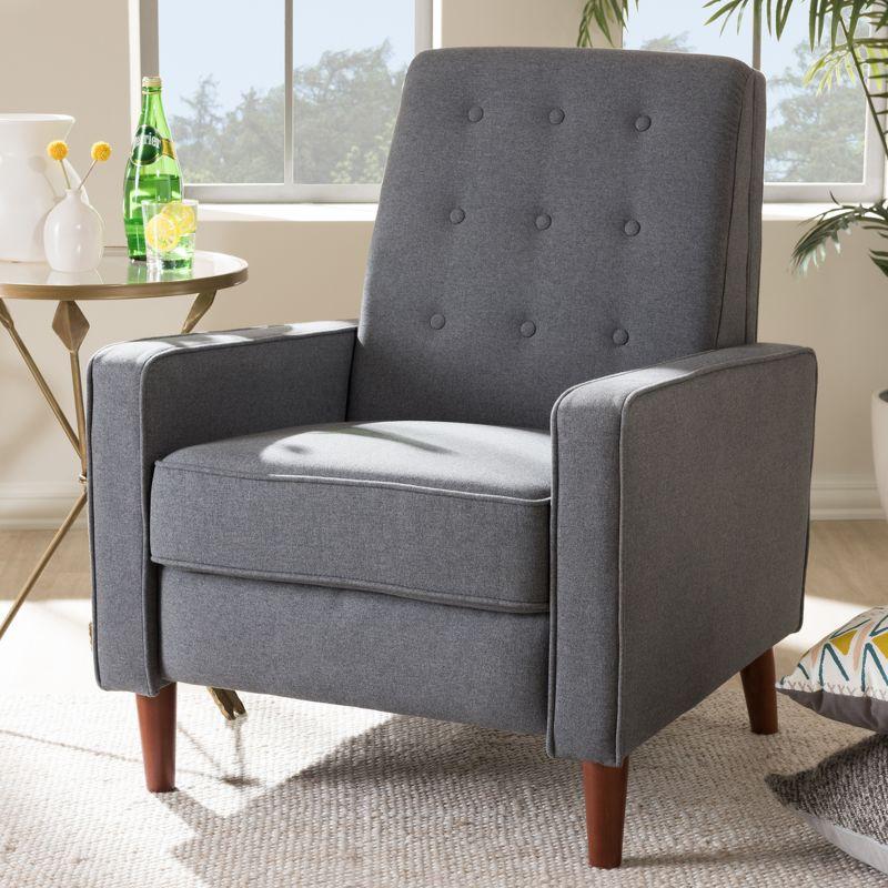 Mid-Century Modern Grey Fabric Wood Base Recliner Chair