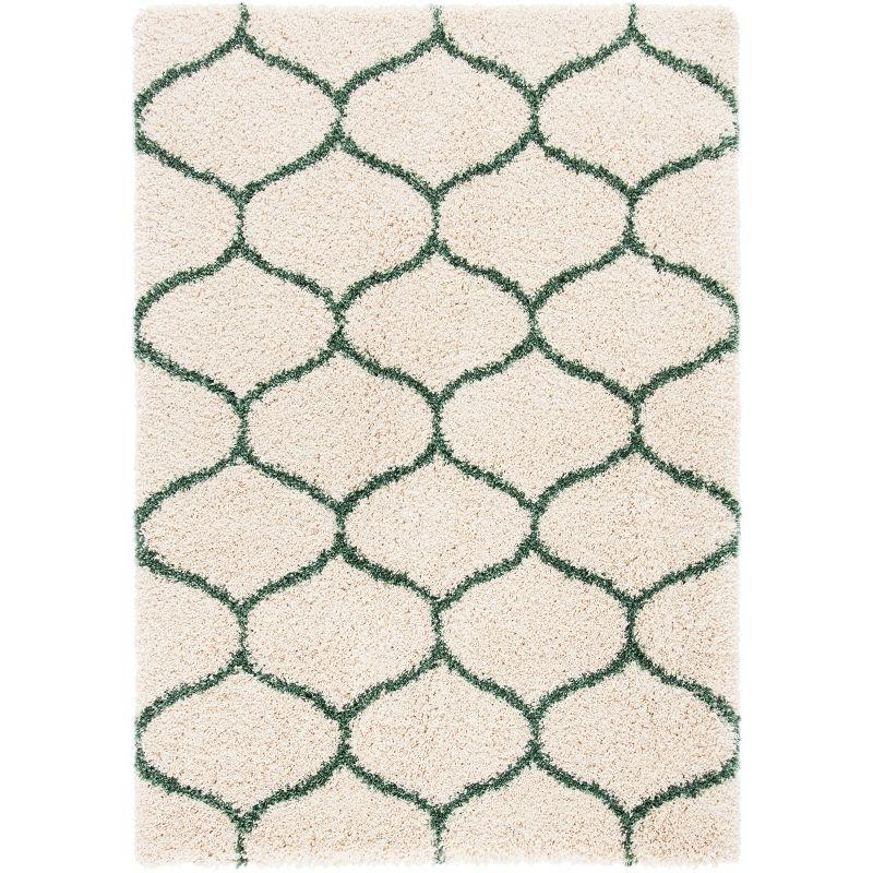 Ivory and Green Round Shag Rug with Geometric Pattern