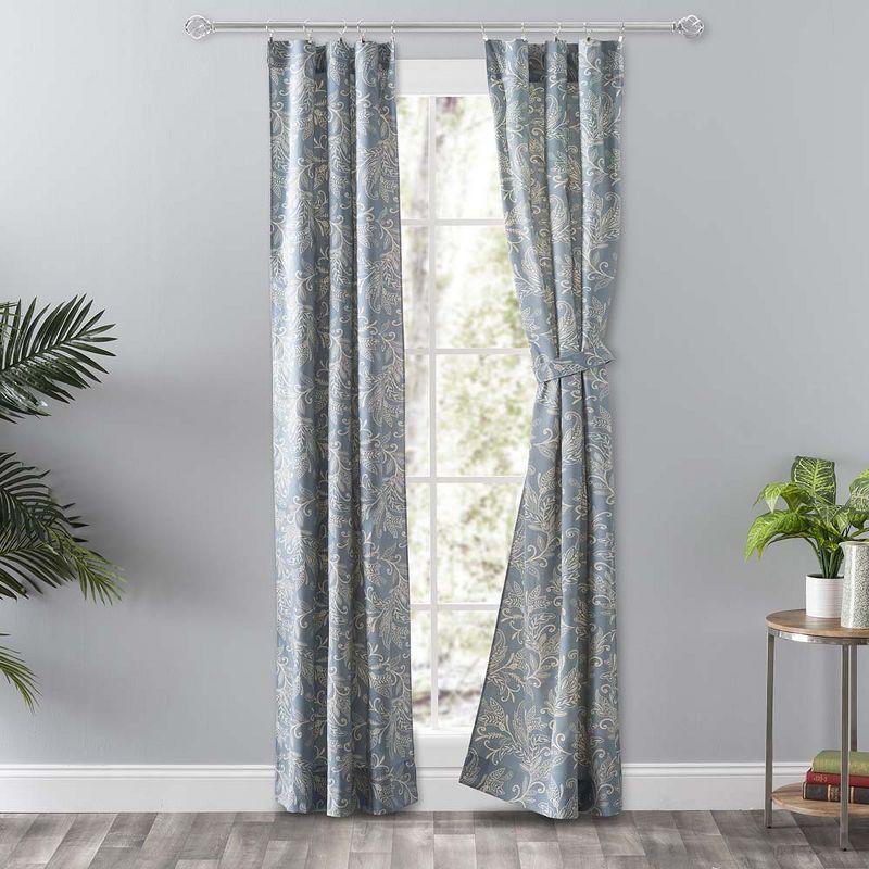 Ellis Curtain Lexington Leaf Pattern on Colored Ground Curtain Pair with Ties Blue