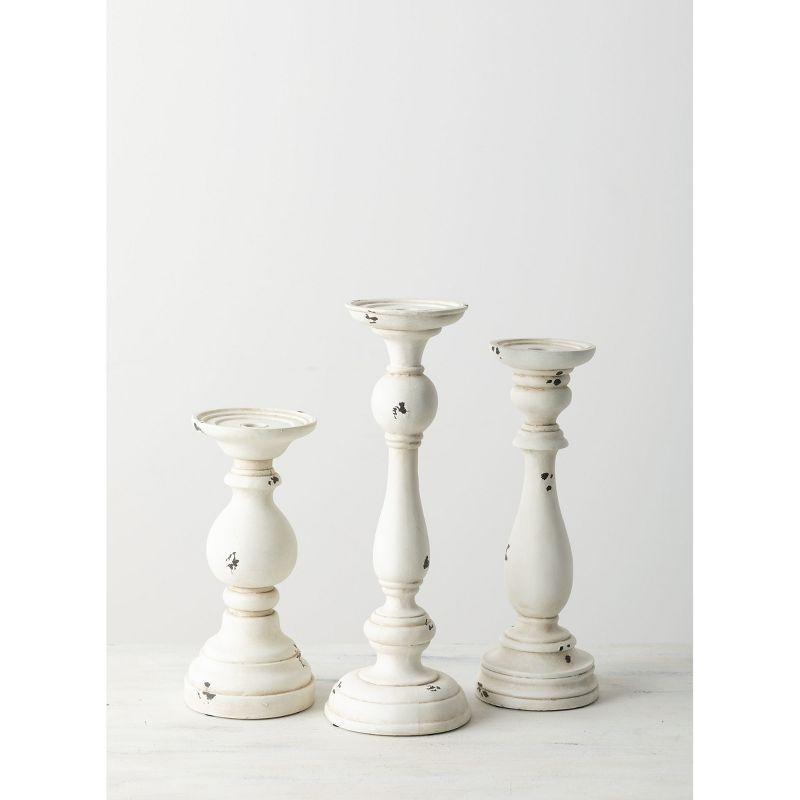 White Distressed Wood Pillar Candle Holders Set of 3