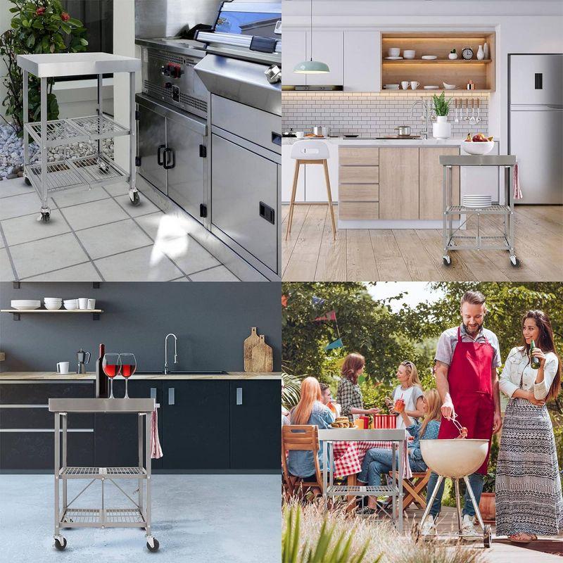 Origami RBT Fully Stainless Steel Foldable Kitchen Cart with 4 Professional Grade Caster Wheels Holds Up To 100 Pounds, Silver