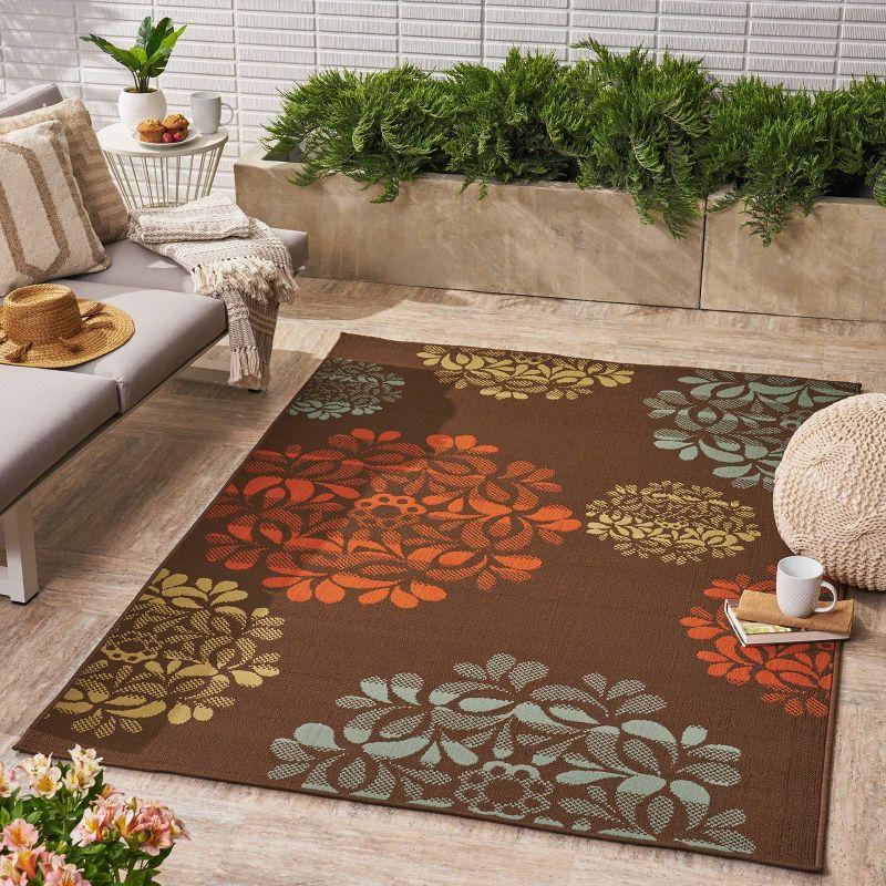 5' x 8' Henley Floral Outdoor Rug Brown/Blue - Christopher Knight Home: Vintage Style, Stain-Resistant, Loomed Polypropylene