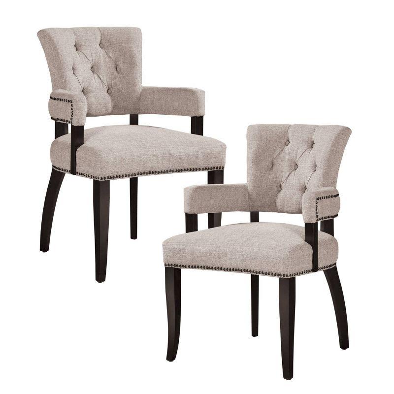 Elegant Cream Upholstered Dining Armchair with Brass Trim, Set of 2