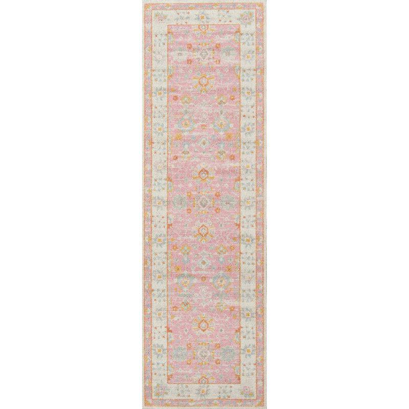 2'3"x7'6" Runner Anatolia Riylnn Rug Pink - Momeni: Bohemian Wool & Nylon Area Rug, Low Pile, Floral Pattern