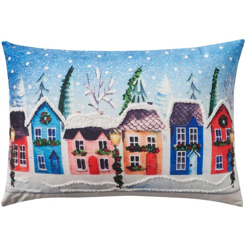 14"x20" Multicolor Holiday Village Embroidered Lumbar Pillow