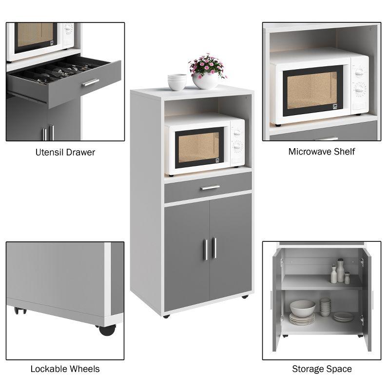 White and Gray Wood Microwave Stand with Storage and Wheels