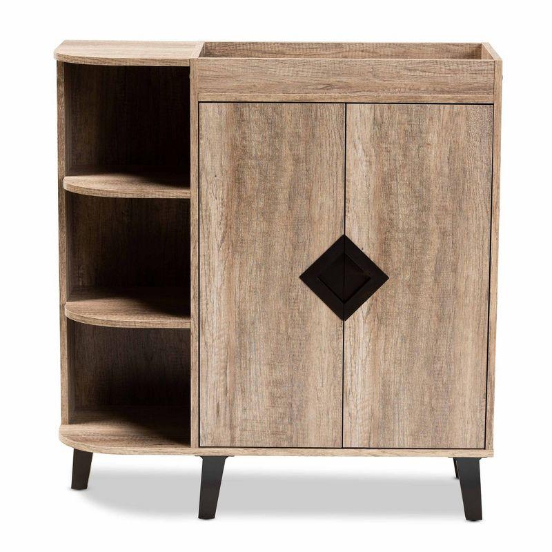 2 Door Wales Oak Wood Shoe Cabinet with Open Shelves Brown/Black - Baxton Studio: Entryway Storage, 16 Pair Capacity