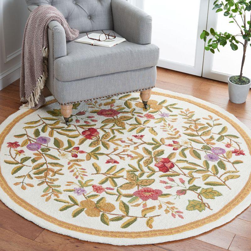 Ivory Floral Elegance Round Wool Rug 3' Hand-Knotted