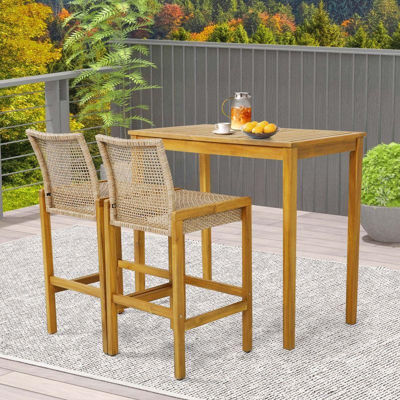 Costway Set of 4 Patio Wood Barstools Rattan Bar Height Chairs with Backrest Porch Balcony