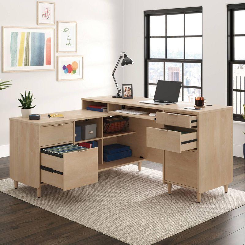 Clifford Natural Maple L-Shaped Computer Desk with Keyboard Tray and Filing Cabinet