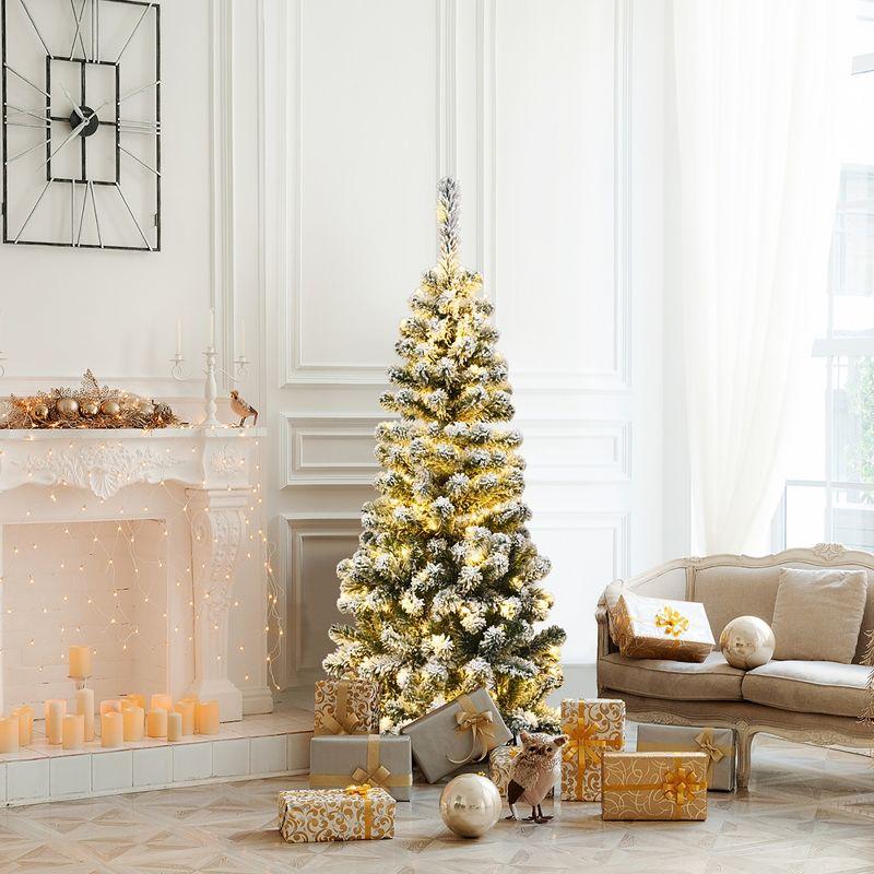 Costway 4.5Ft Pre-lit Snow Flocked Artificial Pencil Christmas Pine Tree with 150 LED Lights