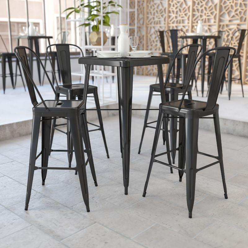Flash Furniture Commercial Grade 23.75" Square Black Metal Indoor-Outdoor Bar Table Set with 2 Stools with Backs