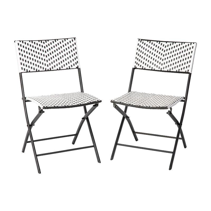 Black and White PE Rattan Folding Bistro Chairs with Metal Frames, Set of 2