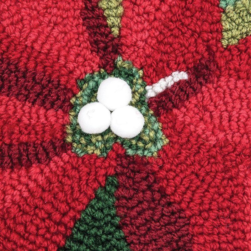 Small Red and Green Poinsettia Hooked Holiday Throw Pillow