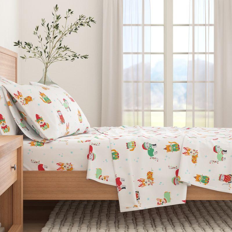 100% Cotton Christmas Flannel Sheets - Great Bay Home (Queen, Dog Cat Christmas)