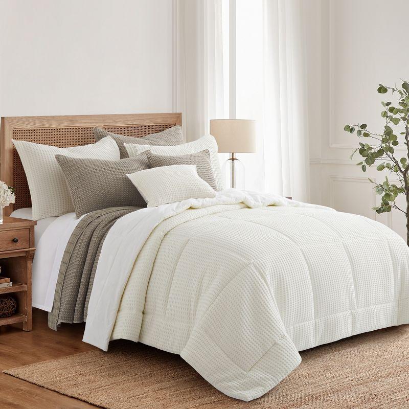 Cream Twin Cotton Waffle Weave Comforter Set with Shams