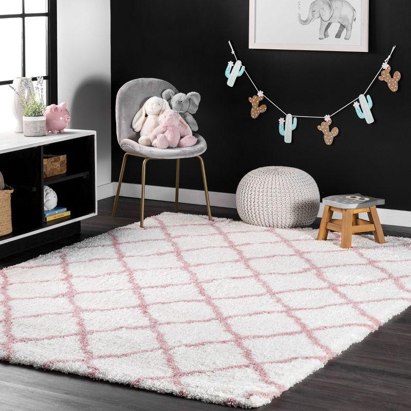 Pink and White Trellis Shag Kids Area Rug 5' x 7'