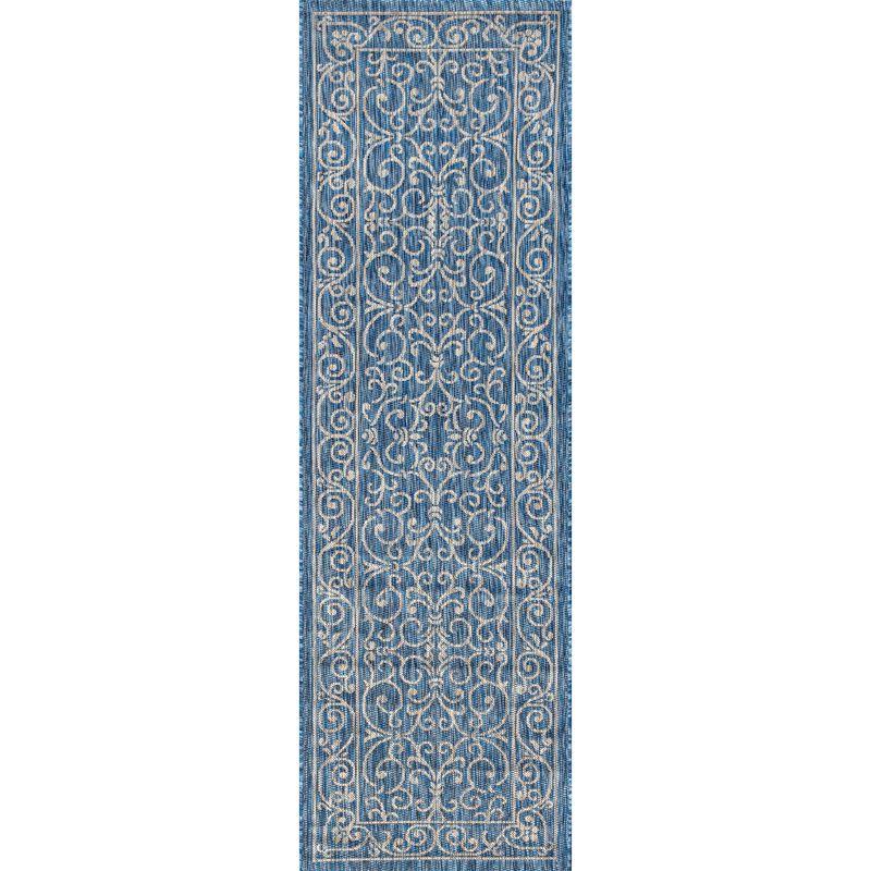 2'x8' Charleston Vintage Filigree Textured Weave Indoor/Outdoor Runner Rug, Navy/Gray - JONATHAN Y