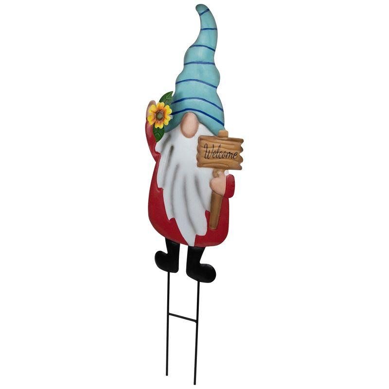 Red and Blue Welcome Gnome Garden Stake with Metal Sign