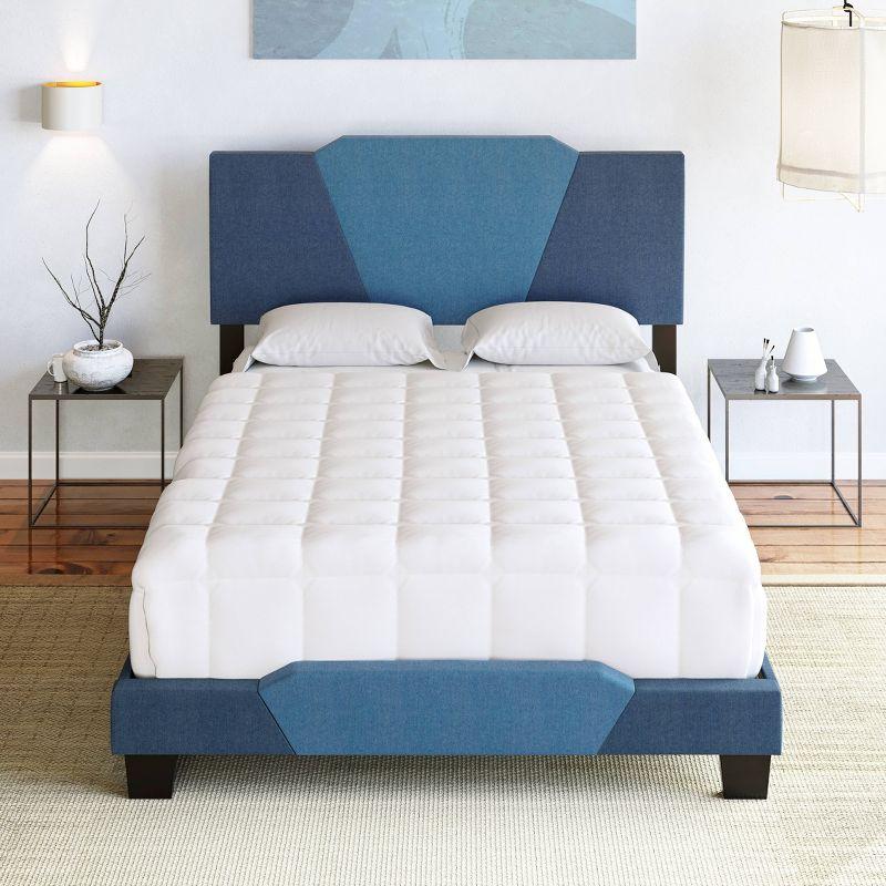 Queen Blue Upholstered Wood Frame Bed with Linen Headboard