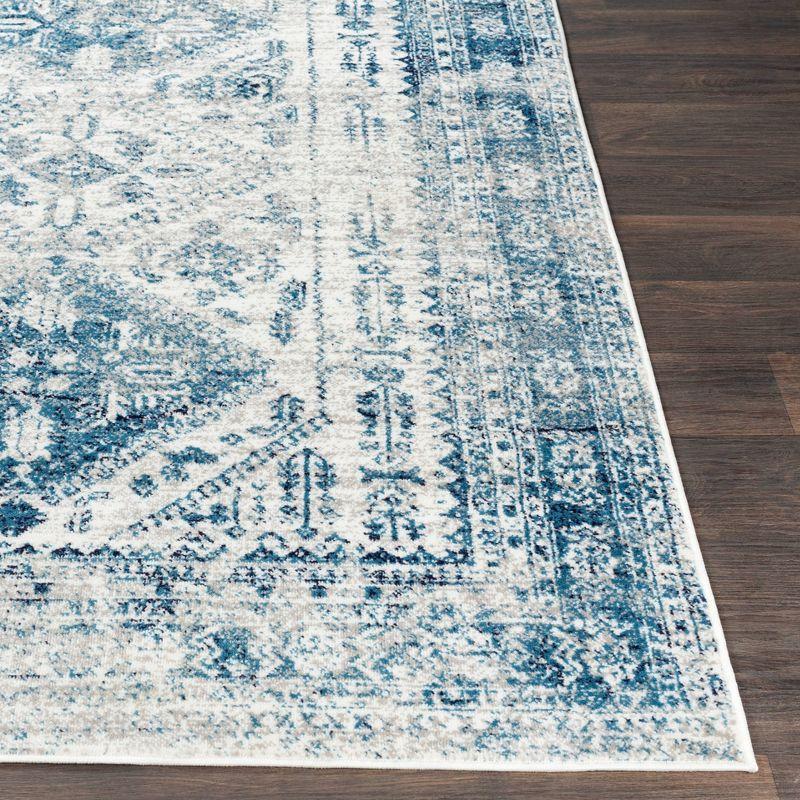 Blue and White Square Stain-Resistant Synthetic Rug