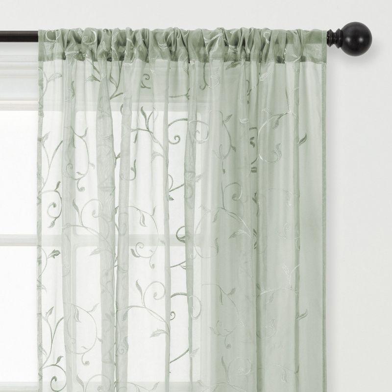 Sage Embroidered Swirl Vine Sheer Window Curtain Panels, 52x96 Inches, Set of 2