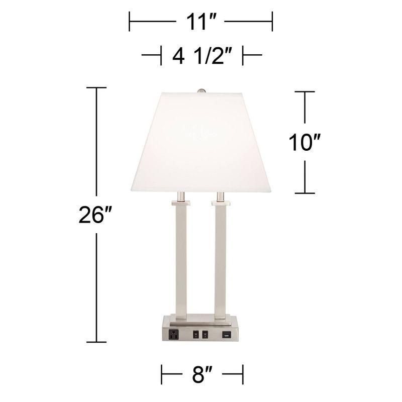 Possini Euro Design Amity Modern Table Lamp 26" High Brushed Nickel with USB and AC Power Outlet in Base White Linen Shade for Bedroom Bedside Desk