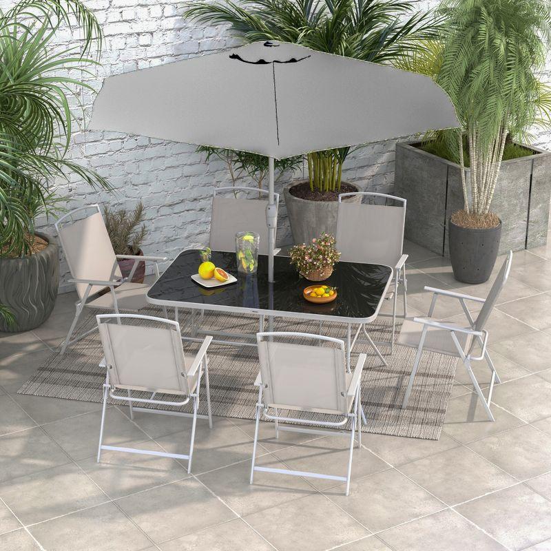 Gray 8-Piece Patio Dining Set with Umbrella and Folding Chairs