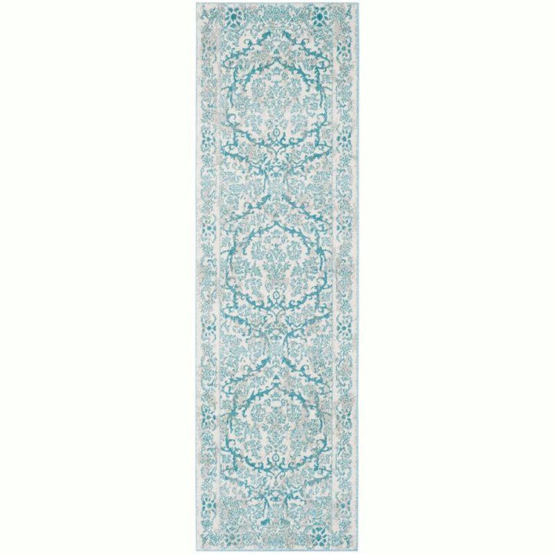 Ivory and Light Blue Synthetic Damask Runner Rug