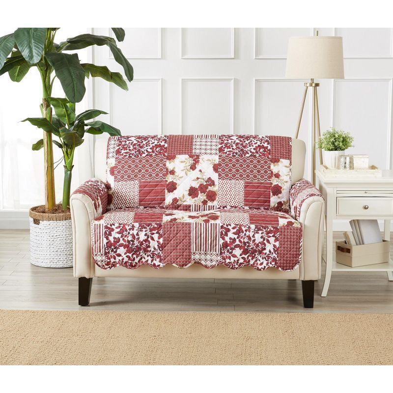 Reversible Stitched Patchwork Sofa Furniture Protector - Great Bay Home(Loveseat, Burgundy)