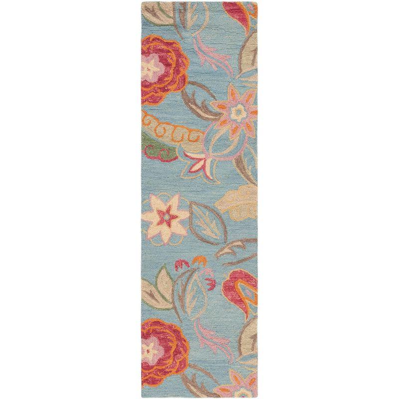 Hand-Knotted Blossom Blue Floral Wool Runner Rug, 2'6" x 12'