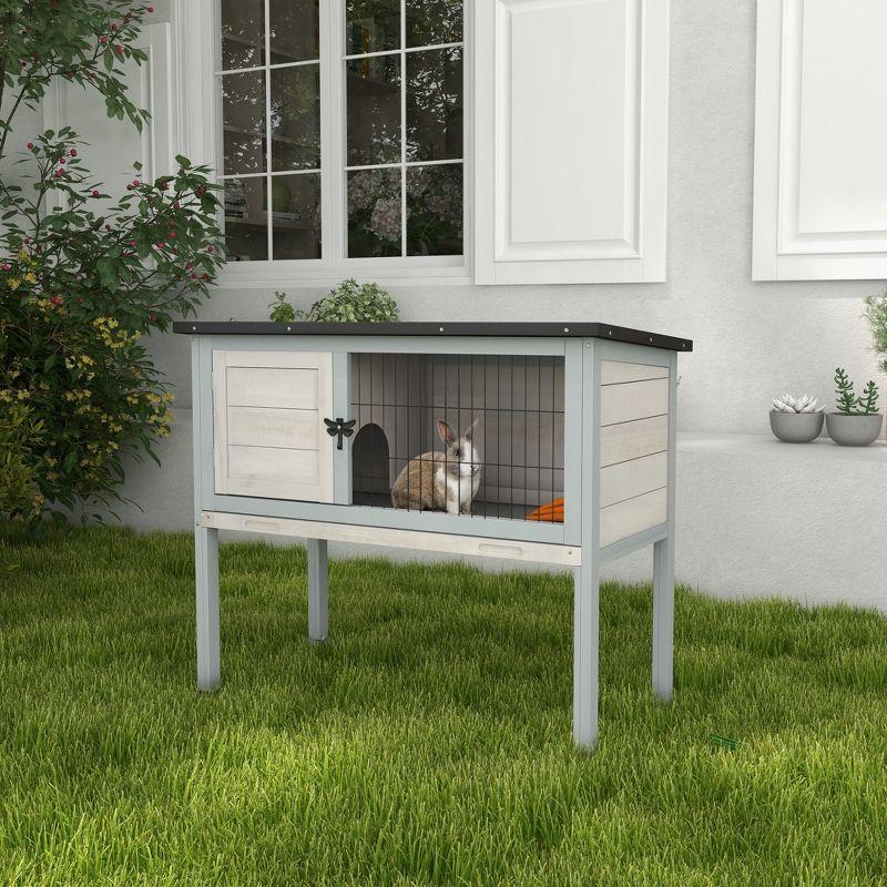 PawHut Elevated Rabbit Hutch Bunny Hutch with Hinged Asphalt Roof, Removable Tray, Fir Wood Bunny Cage for Indoor/Outdoor