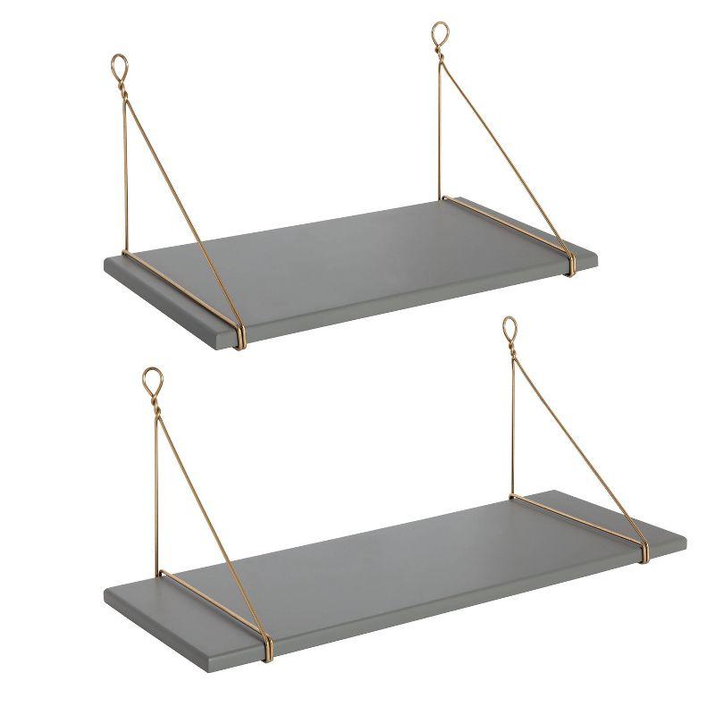 Vista Gray and Gold Wood and Metal Bracket Wall Shelves, 2-Piece Set