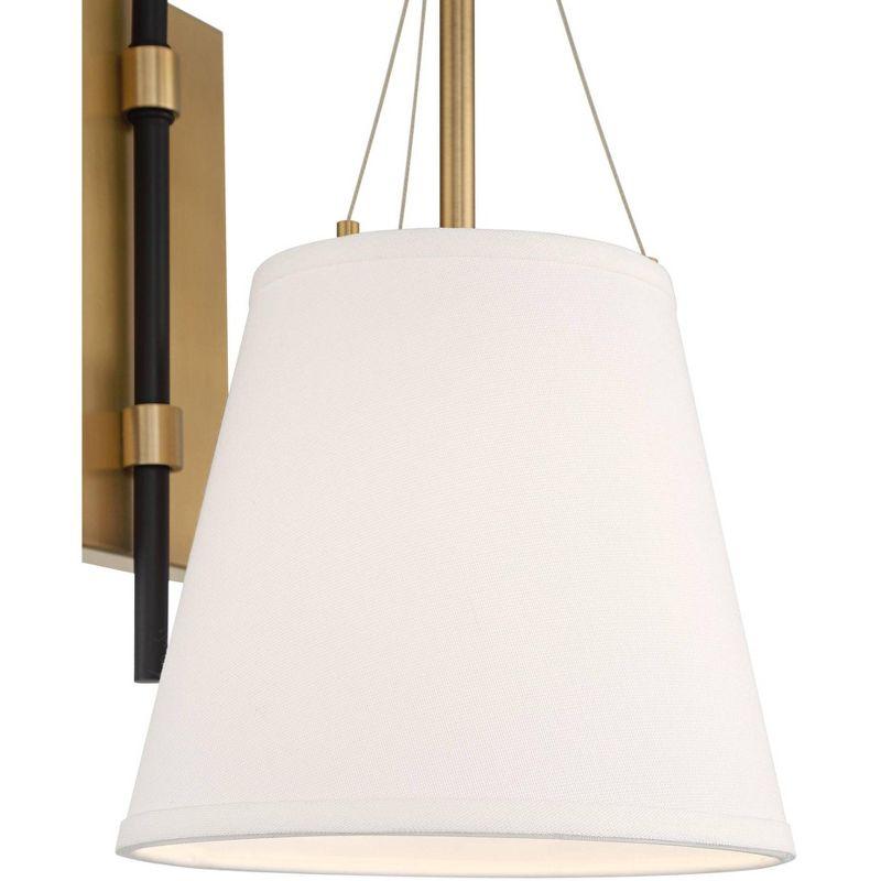 Possini Euro Design Mid Century Modern Wall Light Sconce Brass Black Hardwired 8" Fixture White Linen Shade for Bedroom Living Room