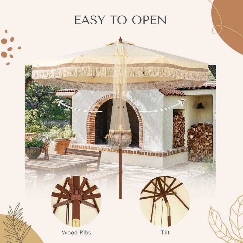 LAGarden BOHO 9' Fringe Patio Umbrella with Tassels UPF50+ Boho Style 5-Year-Non-Fading for Outdoor Yard Market Butter Twisted Root beige