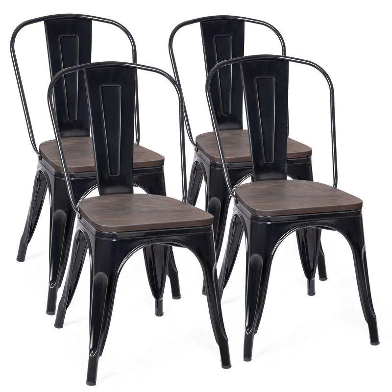 Set of 4 Vintage High-Back Metal Side Chairs with Wood Seat - Black