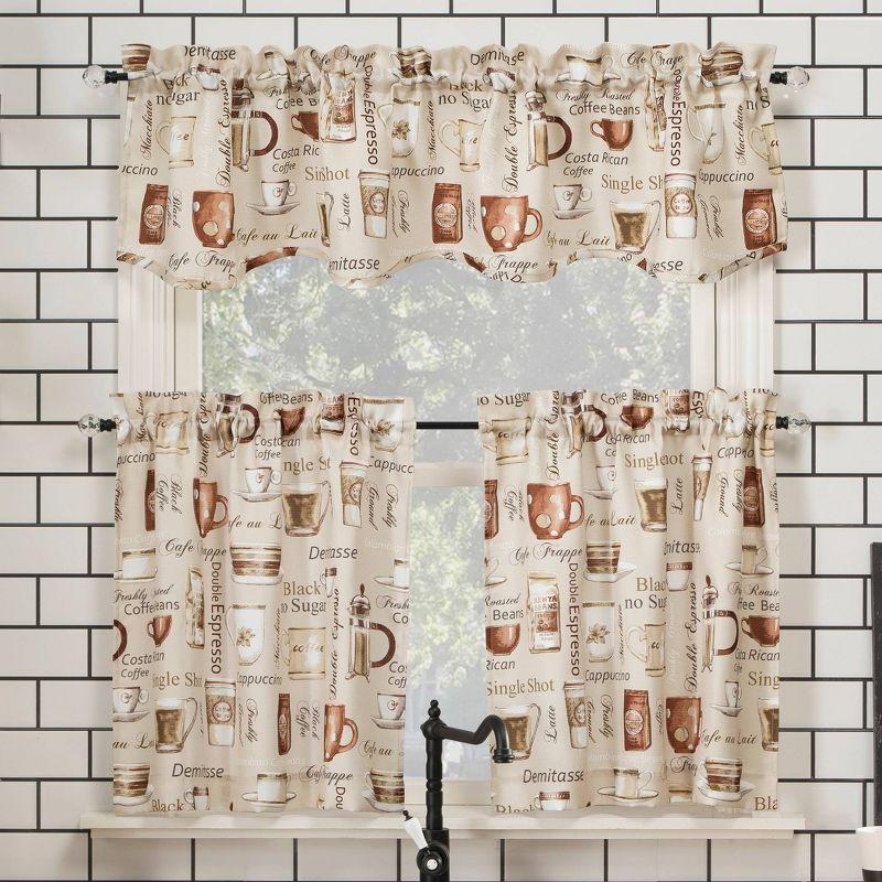 Ivory Coffee Shop Print Semi-Sheer Rod Pocket Kitchen Curtain Set