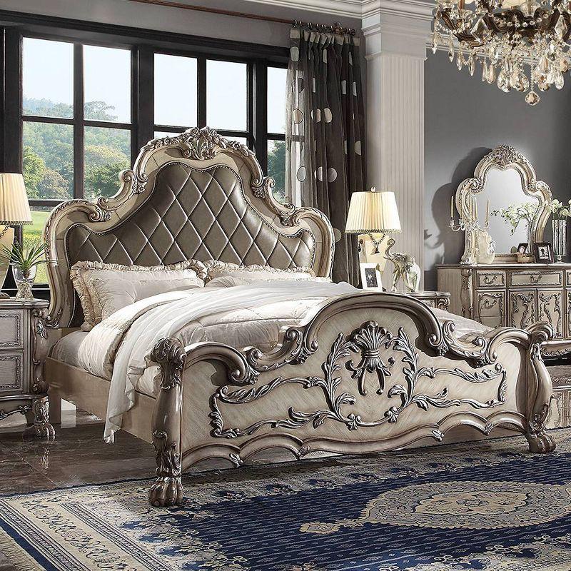 Acme Furniture Dresden 96" California King Bed Vintage Bone White: Victorian Style, Tufted Leather, No Box Spring Needed