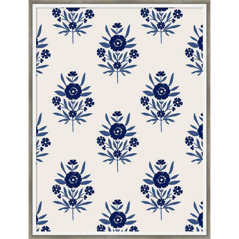 Indigo Floral Pattern Giclee Print with White Wood Frame