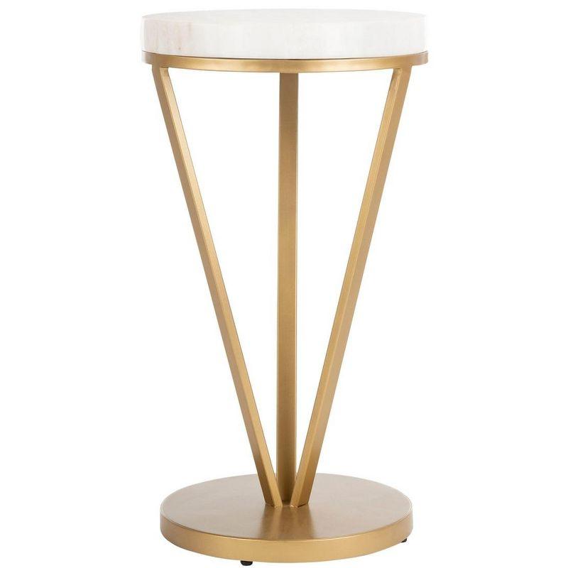 Transitional 14" Round Stone and Metal Accent Table in Gold/White