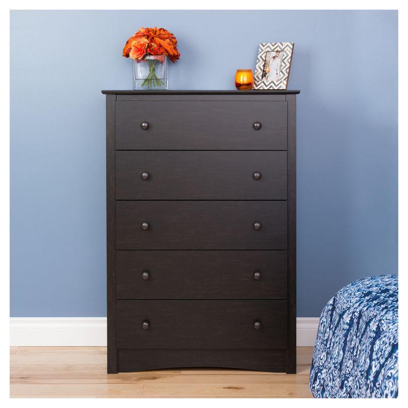 Prepac Monterey 5 Drawer Dresser Washed Black: Wood Composite Vertical Storage, 45.25" High