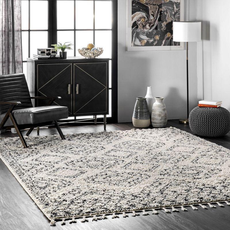 Ivory Geometric Braided Shag Area Rug with Tassels