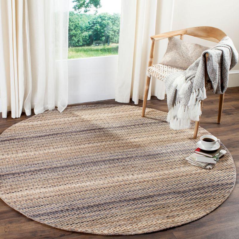 Gray Hand-Knotted Wool Round Striped Area Rug