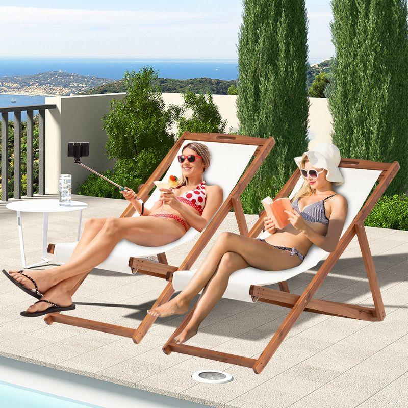 FDW Beach Sling Patio Chair for Relaxing, Foldable with Adjustable Height Made from Eucalyptus Wood with White Polyester